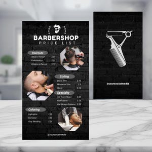 Modelo de lista de preços de barbearia | Menu de serviços de barbearia editável | Folha de preços de salão para impressão