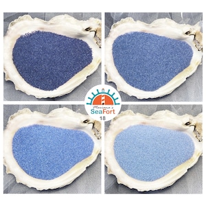 Puede incluir: Cuatro conchas de ostra rellenas cada una con un tono diferente de arena azul, que van desde el azul marino profundo hasta el azul cielo claro. Un logotipo circular en el centro presenta un gráfico de faro y el texto Mariana's SeaFort 18 en azul y naranja.