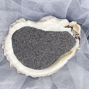 May include: A natural oyster shell with a smooth, iridescent white interior containing a layer of fine, dark gray, granular sand. The shell has a rough, textured, off-white exterior edge and is shaped like an irregular, rounded oval.