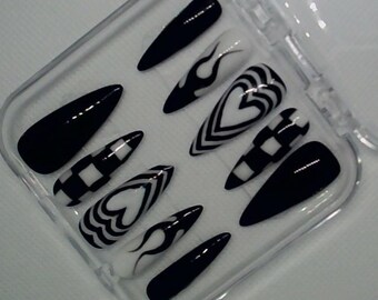 Glow In The Dark Gothic Stiletto Press On Nails Monochrome Y2K fake nails Black and White False Nails Handmade and Hand Painted DIY Nails