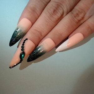 B) Green Glitter Reflective Press On Nails - Fake Nails - False Nails - DIY Nails