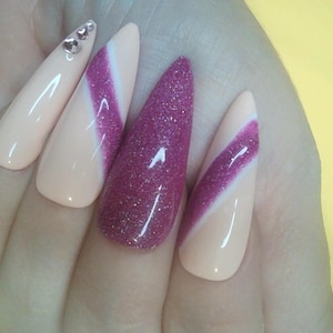 S) Reflective Glitter Press On Nails Stiletto Pink Fake Nails Hand Made False Nails Hand Painted DIY Nails