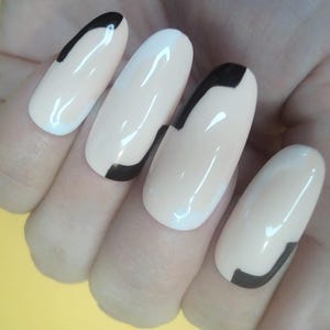 B) Modern French Tip Press On Nails Black and White Fake Nails Handmade False Nails Hand Painted Almond DIY Nails