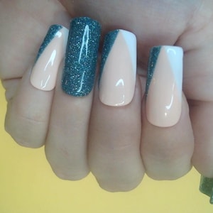 B) Reflective Glitter Press On Nails Hand Made Blue Fake Nails Square Hand Painted false nails DIY Nails