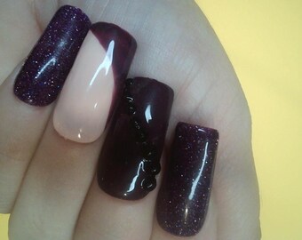 S) Reflective Glitter press on nails purple square fake nails hand made false nails hand painted DIY Nails