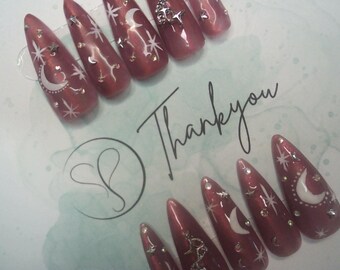 S) Purple Stiletto Press On Nails Jelly Purple Fake Nails Moon and Star False Nails Long DIY Nails
