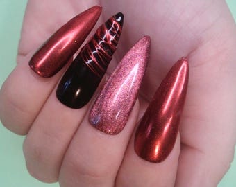 S) Stiletto Press On Nails red Cat eye False Nails Black Fake Nails Goth diy Nails