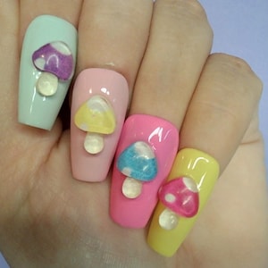 B) Cute Mushroom Press On Nails Pastel Coffin Fake Nails Rainbow False Nails Kawaii Handmade and Hand Painted DIY Nails