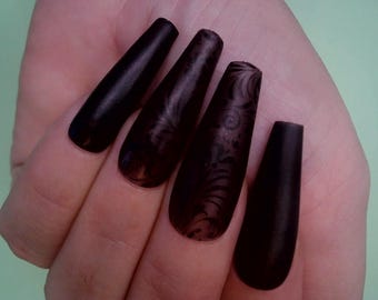 B) press on nails black lace fake nails coffin long false nails