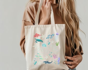 Tote Bag, Ocean Bag with Turtles and Sea Creatures - Beach Bag, Coastal Tote, Sea Turtle Gift, Nautical Tote, Summer Tote