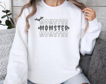 Sudadera de Halloween de Momster, jersey de cuello redondo divertido, camiseta de Monster Mom, suéter otoñal espeluznante, camiseta de truco o trato aterradora