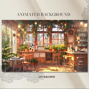 May include: A digital illustration of a cafe interior with a wooden counter, bar stools, and tables. The cafe has large windows, a hanging vine with red fruit, and a coffee machine. The cafe is empty except for a single person standing behind the counter.