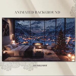 Winter Village Night Animated Background with Christmas Tree and Fireplace | Live wallpaper, Youtube, Twitch, Vtuber | Motion Background
