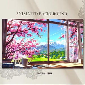 May include: A live wallpaper featuring an animated window view of a mountain range with a cherry blossom tree in the foreground. The text "ANIMATED BACKGROUND" and "LIVE WALLPAPER" are visible.