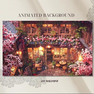 May include: Animated background featuring a quaint, brick courtyard with a building in the background. The courtyard is filled with lush greenery, including pink flowers and trees. The building has windows with warm, inviting light shining through. The scene is reminiscent of a charming European village.