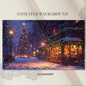 Cozy Winter Lane Cafe Animated Background with Christmas Tree | Live wallpaper, Youtube, Twitch, Vtuber | Motion Background
