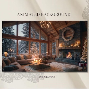 May include: A cozy living room scene with a fireplace, Christmas tree, and large windows overlooking a snowy forest. The room features a sectional sofa, coffee table with candles, and the text "ANIMATED BACKGROUND" and "LIVE WALLPAPER".