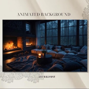May include: A cosy living room with a fireplace, a large window overlooking a forest, and a plush seating area. The room is decorated with candles and plants, creating a warm and inviting atmosphere. The text "ANIMATED BACKGROUND" and "LIVE WALLPAPER" is displayed on the image.