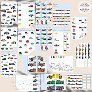 Könnte beinhalten: Eine Sammlung von Arbeitsblättern mit Aktivitäten rund um das Thema Autos. Die Arbeitsblätter umfassen Zählen, Farbabgleich und Puzzlespiele. Die Designs zeigen verschiedene Autoillustrationen, Flaggen und Rennsportelemente, alle auf weißem Papier gedruckt.