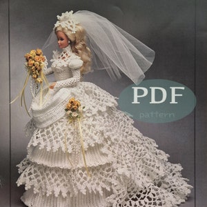 May include: Crochet pattern for a white bridal gown with a veil and a bouquet of yellow flowers. The pattern is available as a PDF download.  PDF pattern.