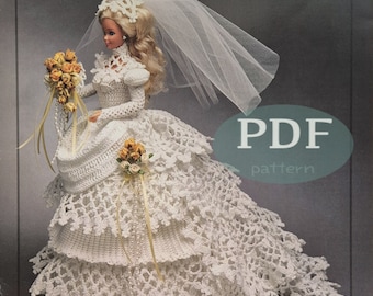 May include: Crochet pattern for a white bridal gown with a veil and a bouquet of yellow flowers. The pattern is available as a PDF download.  PDF pattern.