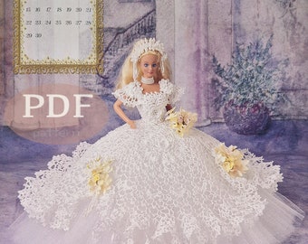 May include: A white crochet wedding dress with a lace overlay and a tulle skirt. The dress is decorated with yellow flowers and the doll is wearing a pearl necklace and a tiara. The image includes a calendar for June 1997 and the text "PDF" and "Annie Potter ORIGINAL".