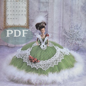 May include: A crochet doll dress pattern for a doll wearing a green dress with white lace trim and a white feather boa. The pattern is titled "Miss December 1997" and is an Annie Potter Original.