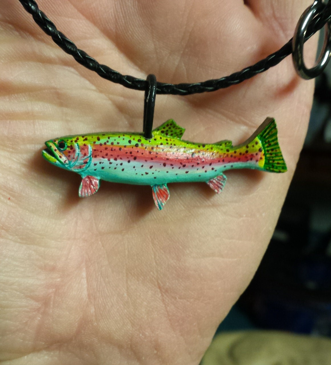 Rainbow trout necklace hand carved braided leather necklace Etsy