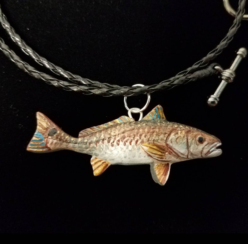 Redfish Necklace Pendant Hand Carved 2 25 Inch Long Braided Leather Included