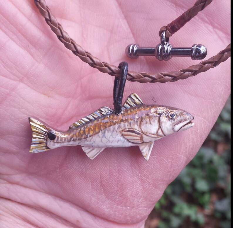 Redfish Necklace Hand Carved 2 25 Inch Long Braided Leather Included