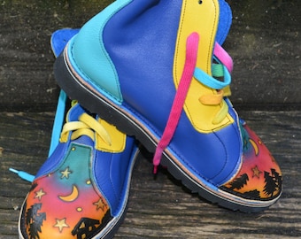 Handmade Custom Leather Hi Top Shoes. OUR HOUSE.  Honda blue, Turq,Yellow and Blue.  Sizes Ladies 5,6,7,8,9,10 or Custom fit