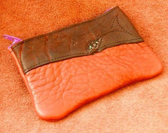 Handmade Leather Raggedy zipper coin purse, tote, smart phone bag. Buffalo on Buffalo