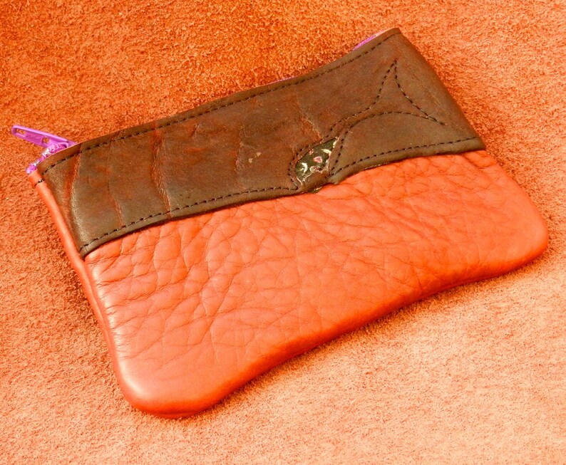 Handmade Leather Raggedy zipper coin purse tote smart phone bag Buffalo on Buffalo