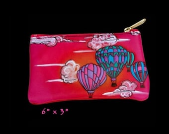 Handmade Custom Leather/ Zipper Coin Change Purse /  Hot Air Balloons Airbrushed Hand Painted, Pink Blue Clouds Custom Made 6" x 3"