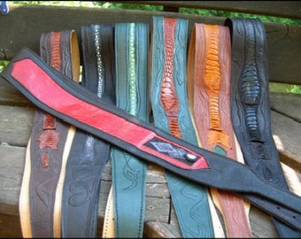 Handmade Guitar Strap,Leather, Custom Made,52 Inch Adjustable,Tan Black Red Green Blue Cowhide Ostrich / Emu and Stingray Skin - Monogrammed