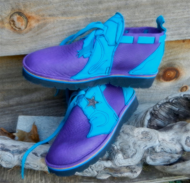 Handmade Custom Leather Shoes-Purple Bull Hide & turq deerskin trim NO SHOES Vibram Soles. Stock sizes 5,6,7,8,9,10 or custom made to fit. image 1