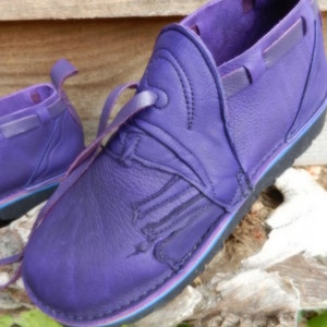 Handmade Custom Leather Shoes Purple Bull Hide N0 SHOES AquaTread Sole Deer Skin Trim Custom Made Size 5, 6, 7, 8, 9, 10 image 2