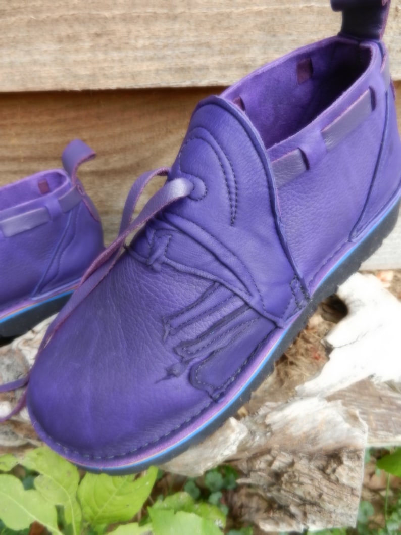 Handmade Custom Leather Shoes Purple Bull Hide N0 SHOES AquaTread Sole Deer Skin Trim Custom Made Size 5, 6, 7, 8, 9, 10 image 2