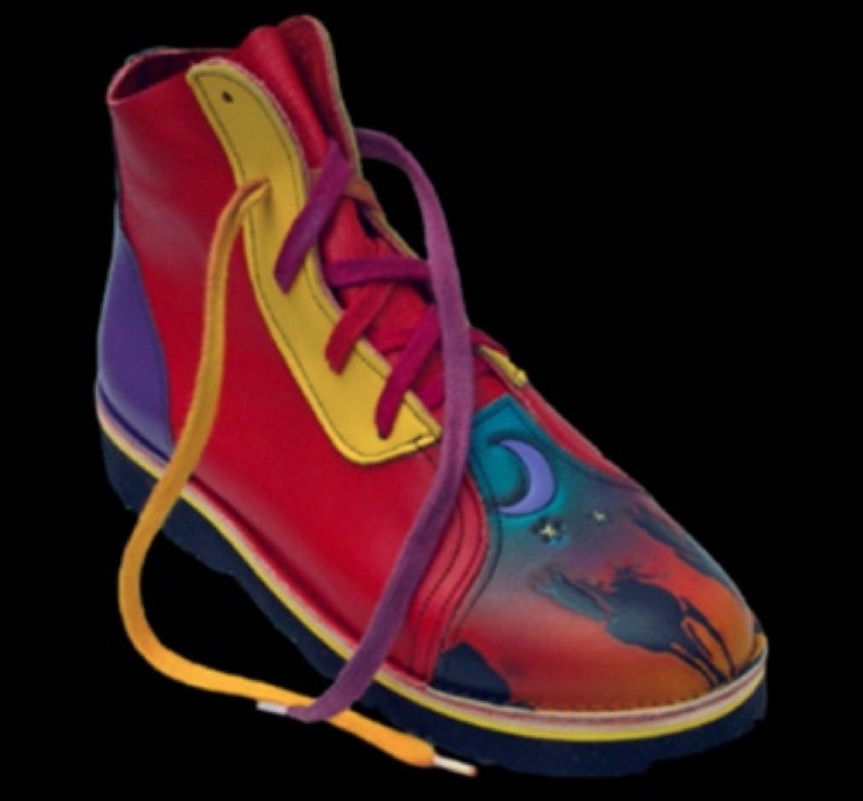 Handmade Custom Leather Shoes. Galloping Horse Red Blue Yellow, Multicolored Horses Moon Sunset,High Top Custom Made or Size 5,6,7,8,9,10 image 1