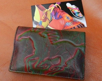 Handmade Leather Wallet Tan Brown Cowhide,Embossed with Galloping Horse,Airbrushed Art Painting in Green and Red,Thin Lightweight Strong