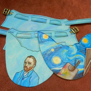 Handmade Custom Leather Sandals Van Gogh Starry Night & self portrait Turquoise Blue Yellow Sunny, STOCK Size 5, 6, 7, 8, 9, 10,11,12. or image 5