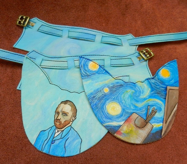 Handmade Custom Leather Sandals Van Gogh Starry Night & self portrait Turquoise Blue Yellow Sunny, STOCK Size 5, 6, 7, 8, 9, 10,11,12. or image 5