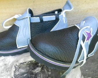 Handmade Custom Leather  Shoes -black bull hide  -grey deer Skin Trim - Custom Made, or stock Size's 5, 6, 7, 8, 9, 10