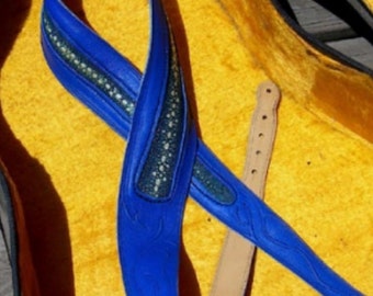 Leather Handmade Guitar Strap,52 Inch Adjustable,Embossed Cobalt Royal Blue Cowhide Stingray Spine Skin-Custom Made - Monogrammed