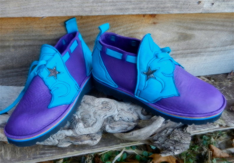 Handmade Custom Leather Shoes-Purple Bull Hide & turq deerskin trim NO SHOES Vibram Soles. Stock sizes 5,6,7,8,9,10 or custom made to fit. image 2