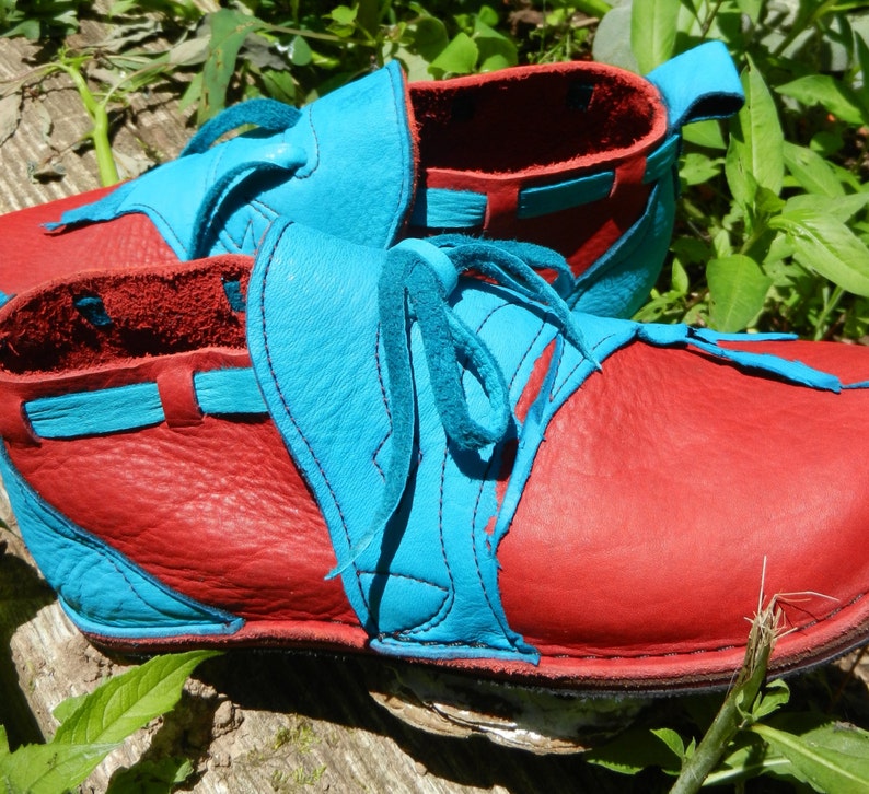 Leather Custom Handmade LEATHER SOLE DANCE n0Shoes, . red bullhide trimmed in raggedy deer, stock sizes 5,6,7,8,9,10 or custom made to fit. image 2