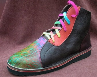 Handmade Custom Leather Shoes.  High Top - Cowhide toes Red Black Green Rainbow Airbrushed Elements Patterned Custom Made or  Size 5, to 10