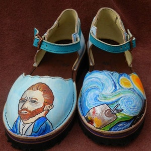 Handmade Custom Leather Sandals Van Gogh Starry Night & self portrait Turquoise Blue Yellow Sunny, STOCK Size 5, 6, 7, 8, 9, 10,11,12. or image 2