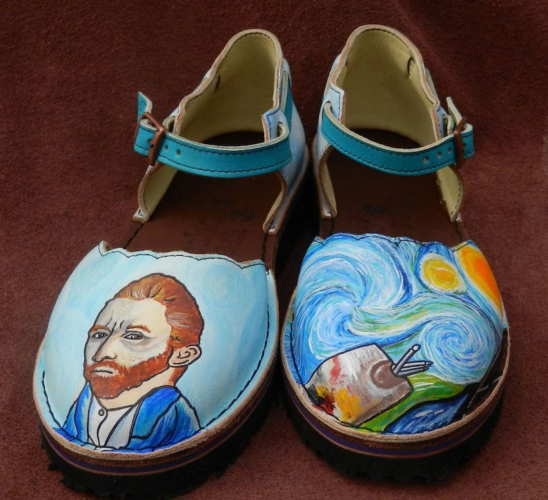 Handmade Custom Leather Sandals Van Gogh Starry Night & self portrait Turquoise Blue Yellow Sunny, STOCK Size 5, 6, 7, 8, 9, 10,11,12. or image 2