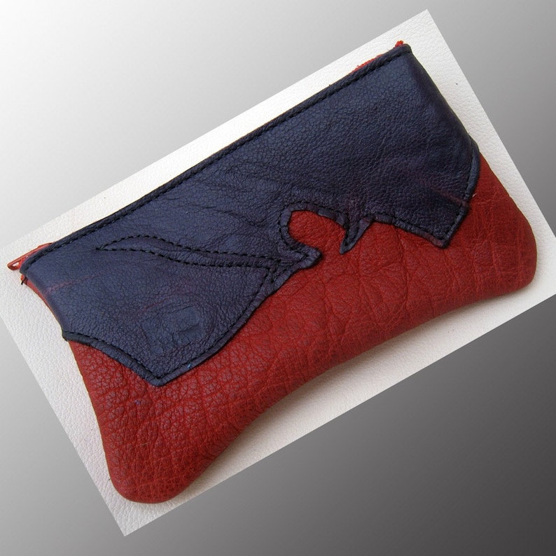 Handmade Leather Raggedy zipper coin purse tote smart phone bag Buffalo on Buffalo